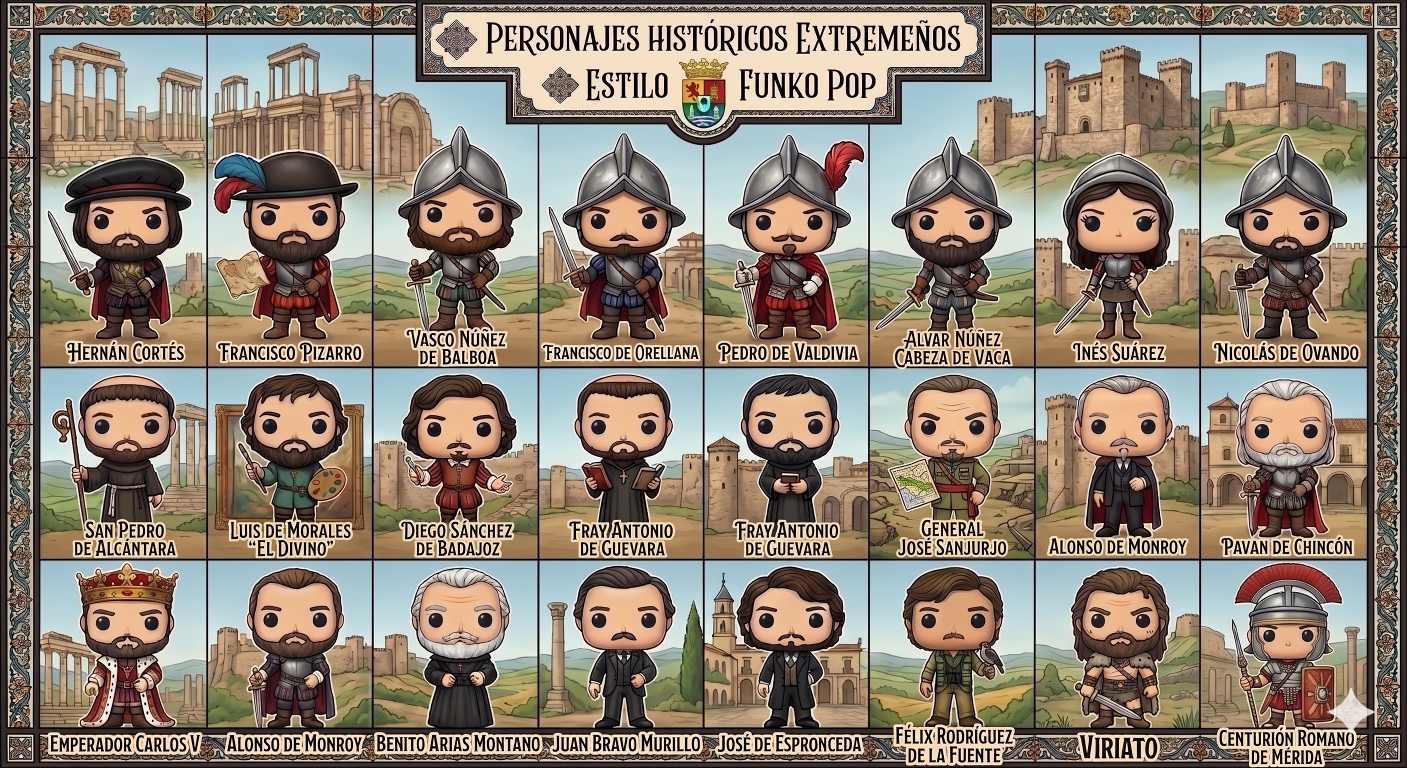 Mosaico de Personajes Históricos Extremeños Estilo Funko Pop